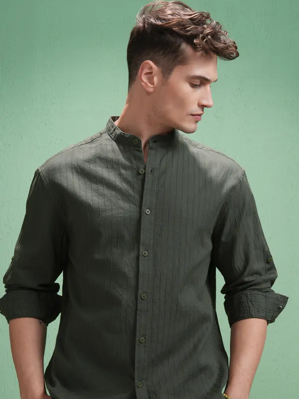 Highlander Men Olive Striped Relaxed Fit Casual Shirt