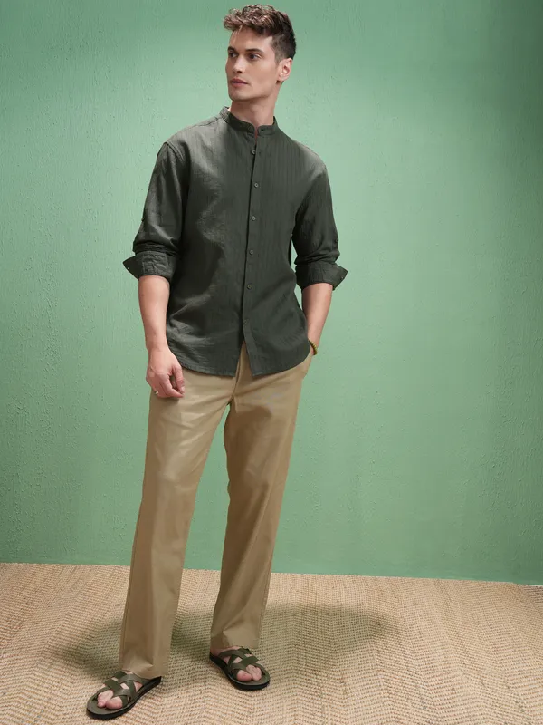 Highlander Men Olive Striped Relaxed Fit Casual Shirt