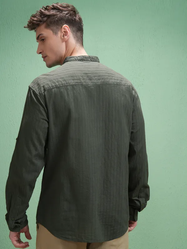 Highlander Men Olive Striped Relaxed Fit Casual Shirt
