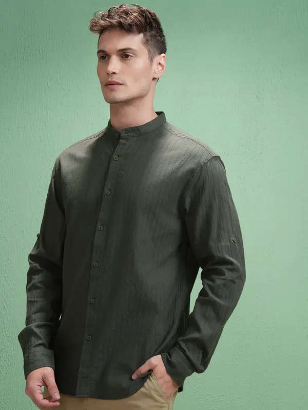 Highlander Men Olive Striped Relaxed Fit Casual Shirt