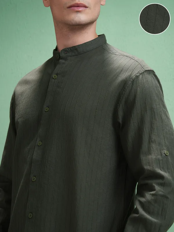Highlander Men Olive Striped Relaxed Fit Casual Shirt