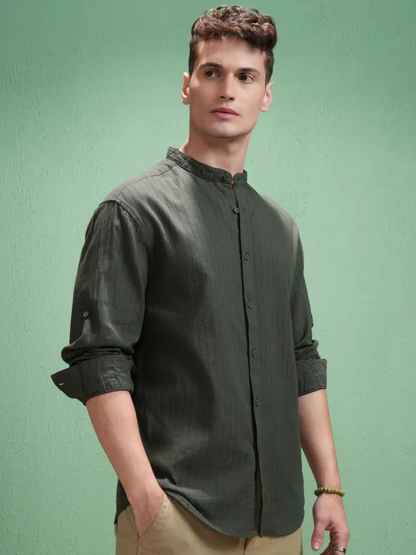 Highlander Men Olive Striped Relaxed Fit Casual Shirt