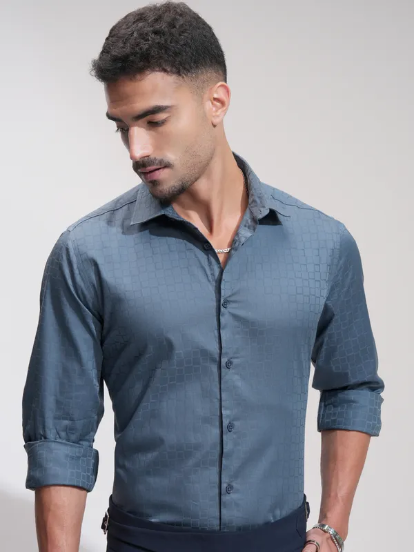 Highlander Men Blue Checked Slim Fit Casual Shirt