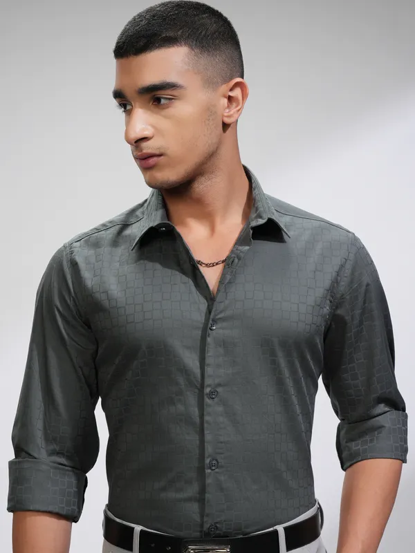 Highlander Men Charcoal Textured Slim Fit Casual Shirt