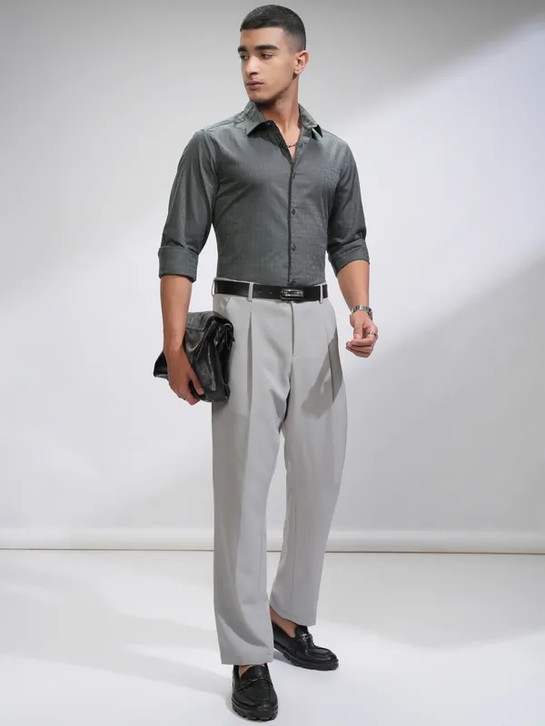 Highlander Men Charcoal Textured Slim Fit Casual Shirt