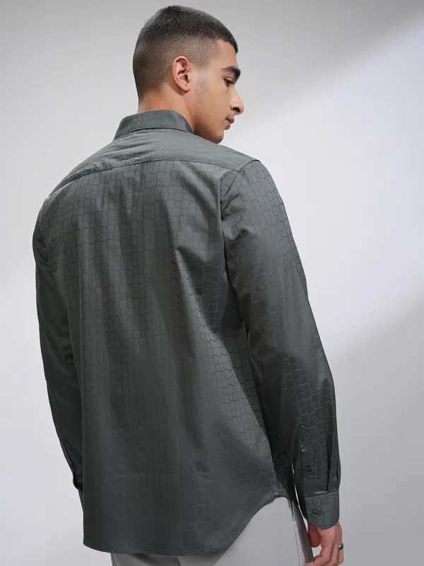 Highlander Men Charcoal Textured Slim Fit Casual Shirt