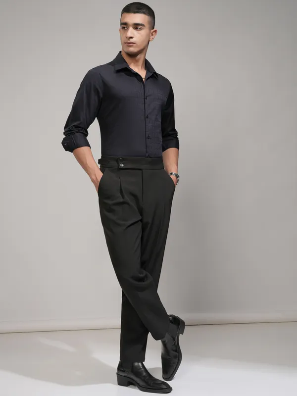 Highlander Men Navy Blue Self Design Slim Fit Casual Shirt