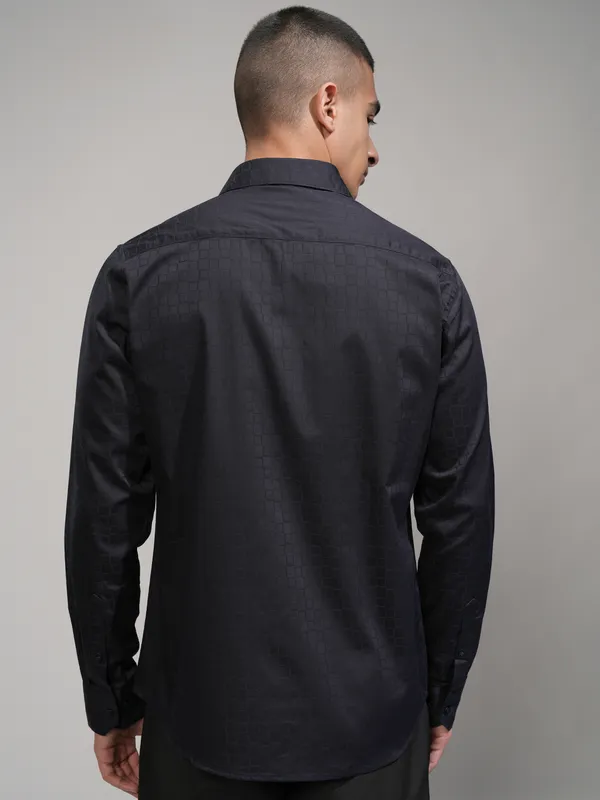 Highlander Men Navy Blue Self Design Slim Fit Casual Shirt