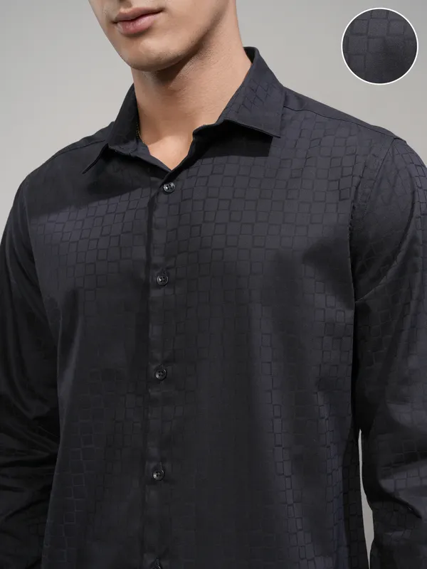 Highlander Men Navy Blue Self Design Slim Fit Casual Shirt