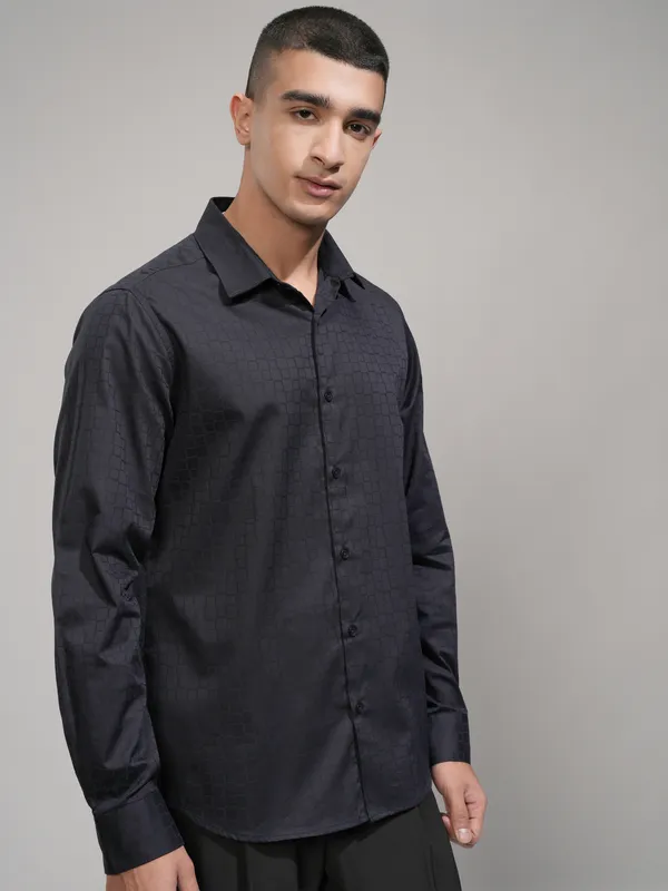 Highlander Men Navy Blue Self Design Slim Fit Casual Shirt