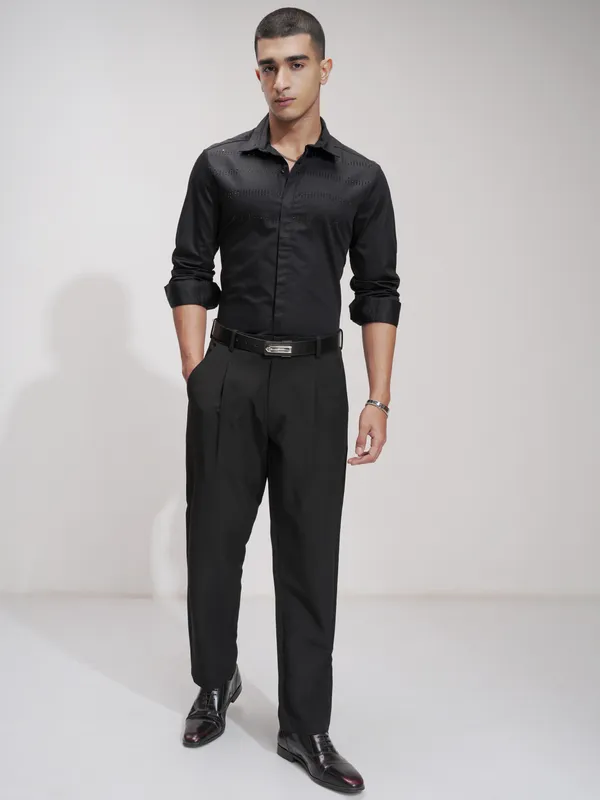 Highlander Men Black Self Design Slim Fit Casual Shirt