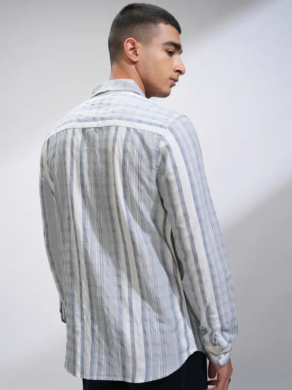 Highlander Men White Striped Slim Fit Casual Shirt