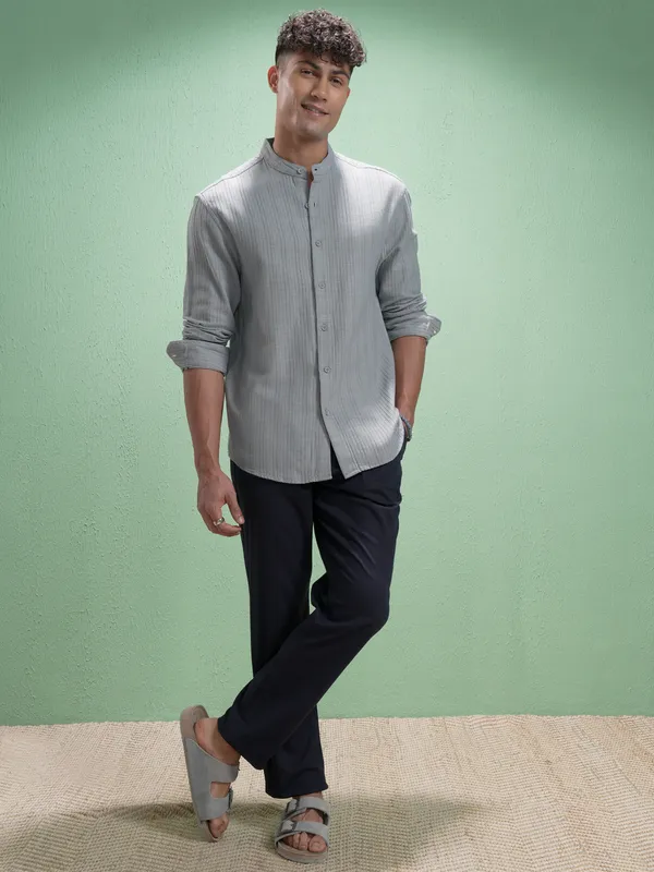 Highlander Men Grey Striped Relaxed Fit Casual Shirt