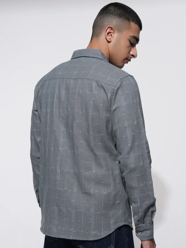 Highlander Men Grey Checked Slim Fit Casual Shirt