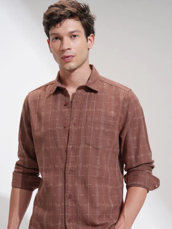 Highlander Men Rust Self Design Slim Fit Casual Shirt