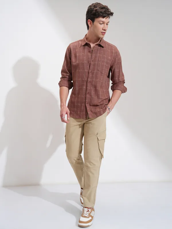 Highlander Men Rust Self Design Slim Fit Casual Shirt