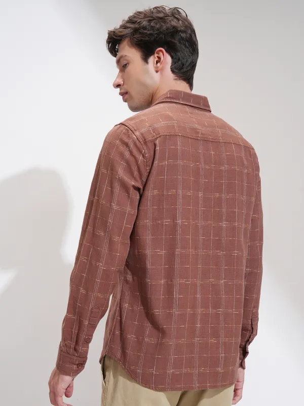 Highlander Men Rust Self Design Slim Fit Casual Shirt