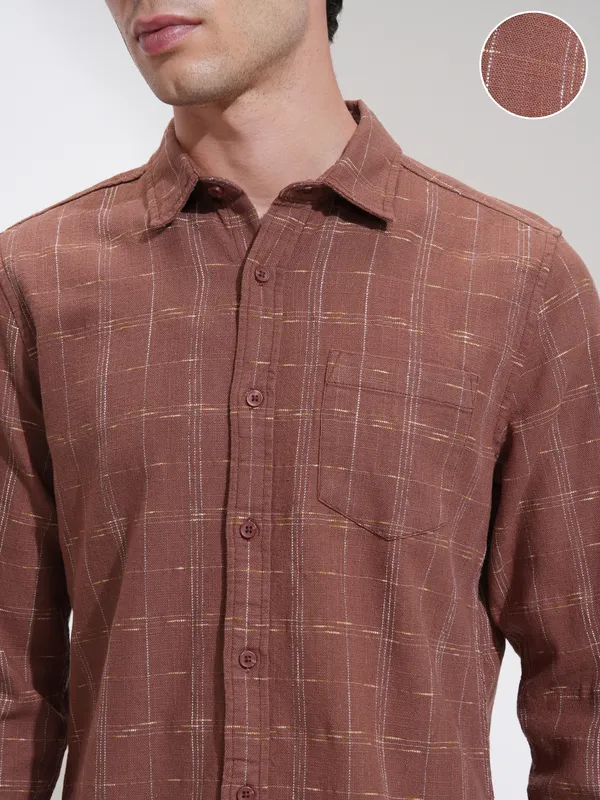 Highlander Men Rust Self Design Slim Fit Casual Shirt