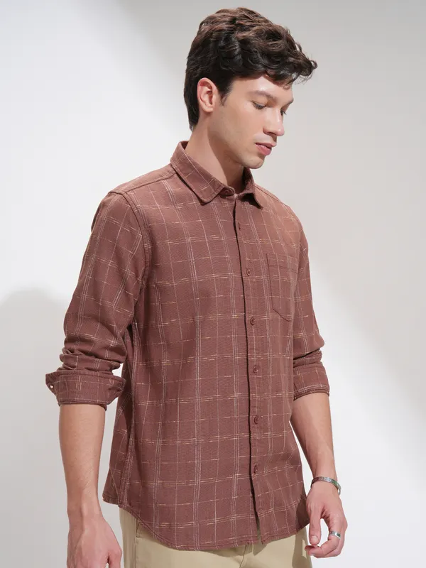 Highlander Men Rust Self Design Slim Fit Casual Shirt