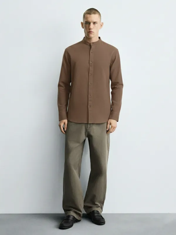 Highlander Men Coffee Brown Self Design Relaxed Fit Casual Shirt