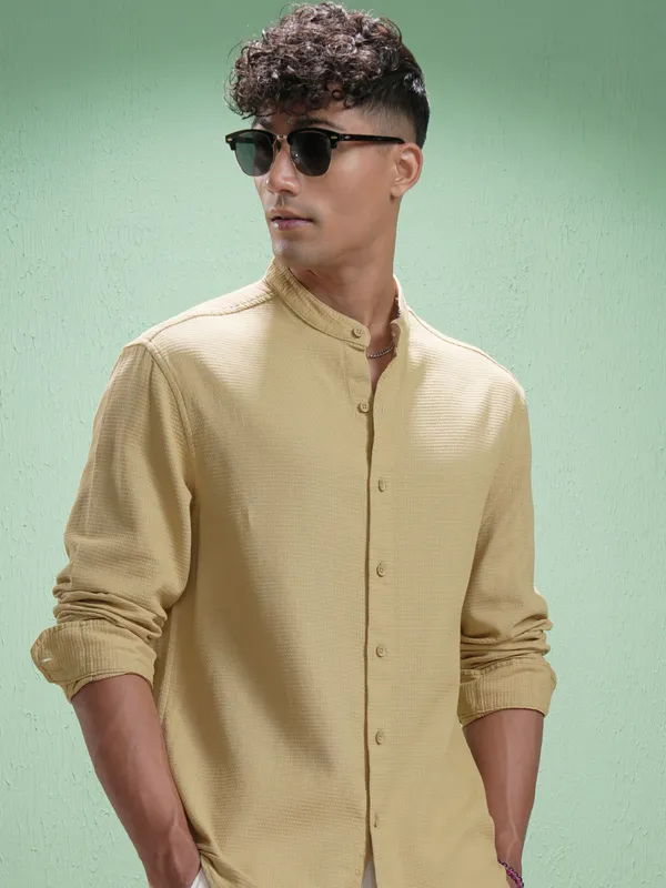 Highlander Men Khaki Self Design Relaxed Fit Casual Shirt