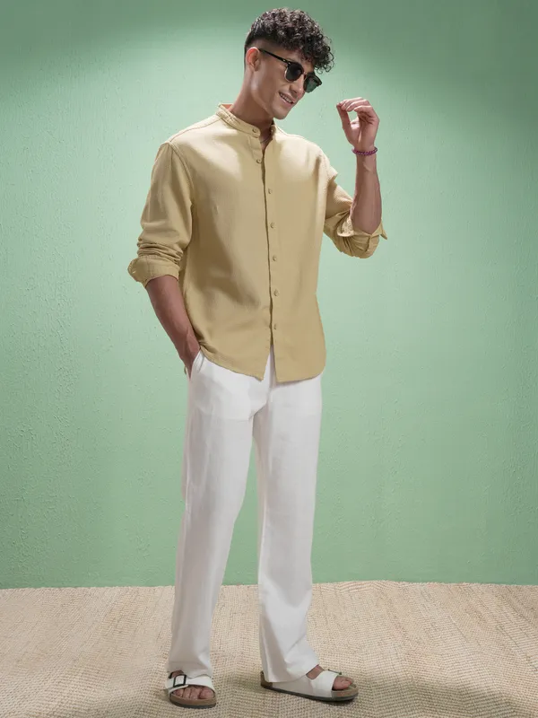 Highlander Men Khaki Self Design Relaxed Fit Casual Shirt