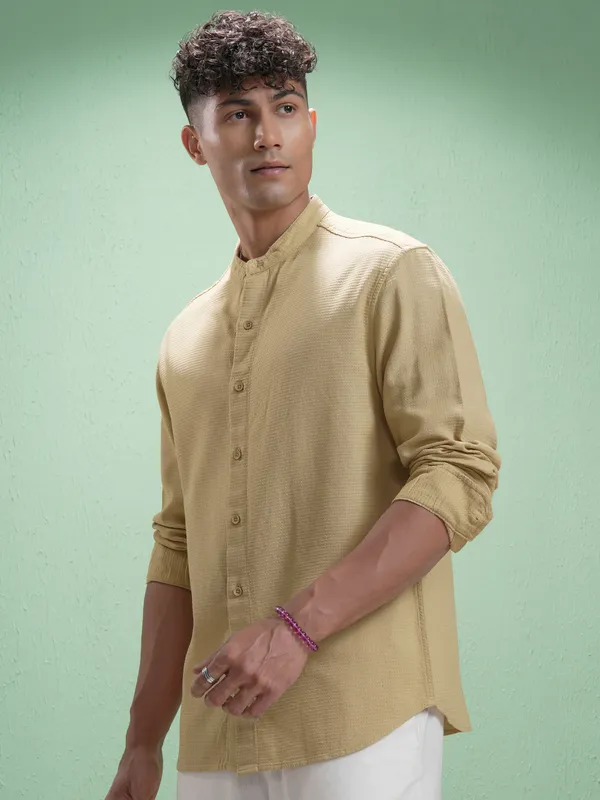 Highlander Men Khaki Self Design Relaxed Fit Casual Shirt