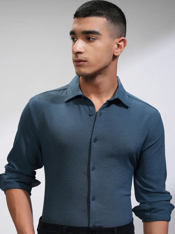 Highlander Men Blue Self Design Slim Fit Casual Shirt