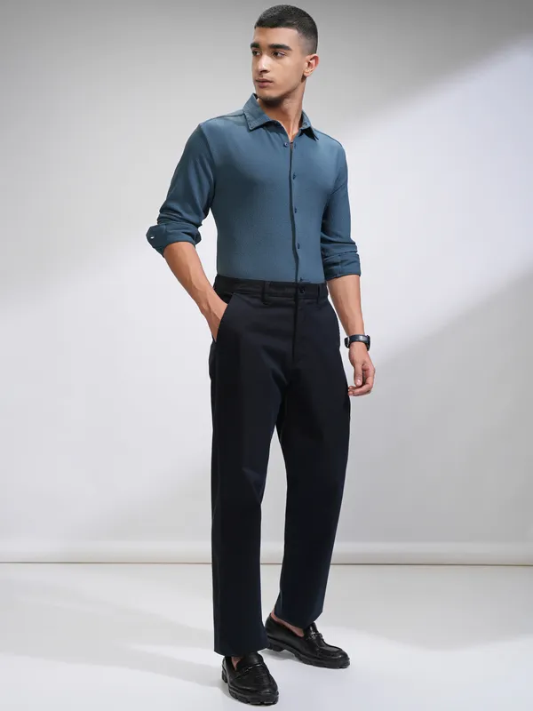 Highlander Men Blue Self Design Slim Fit Casual Shirt