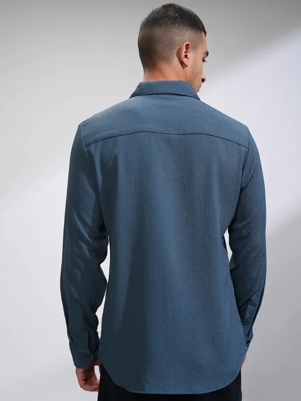 Highlander Men Blue Self Design Slim Fit Casual Shirt