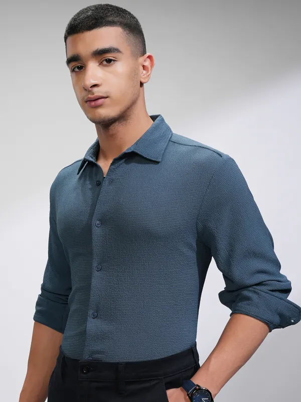 Highlander Men Blue Self Design Slim Fit Casual Shirt