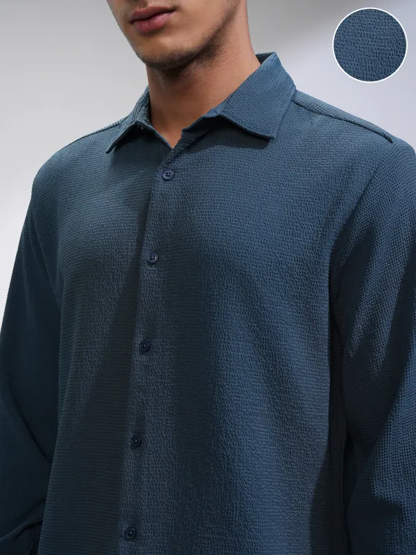 Highlander Men Blue Self Design Slim Fit Casual Shirt