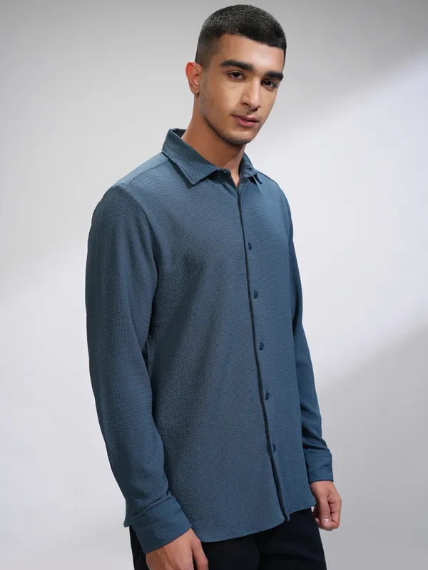 Highlander Men Blue Self Design Slim Fit Casual Shirt