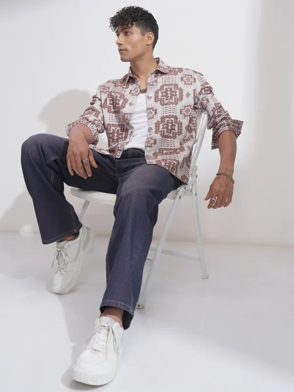 Highlander Men Brown Self Design Relaxed Fit Casual Shirt