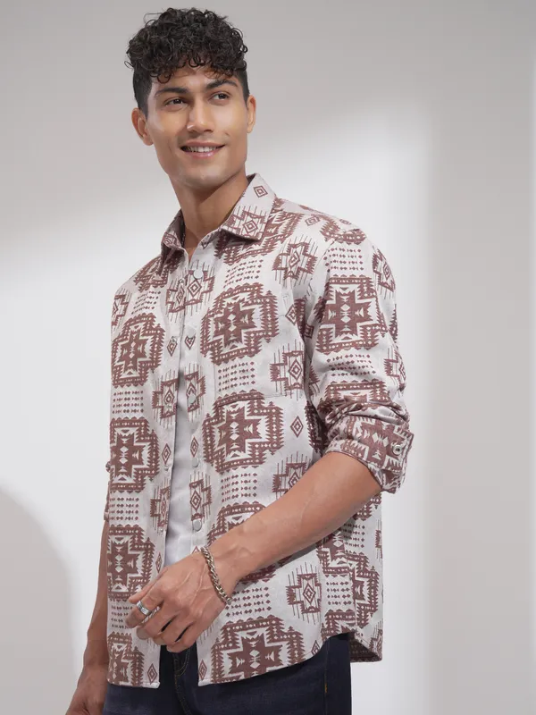 Highlander Men Brown Self Design Relaxed Fit Casual Shirt