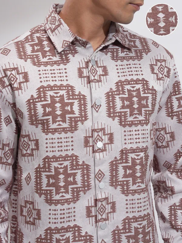 Highlander Men Brown Self Design Relaxed Fit Casual Shirt