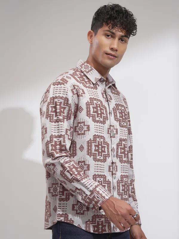 Highlander Men Brown Self Design Relaxed Fit Casual Shirt