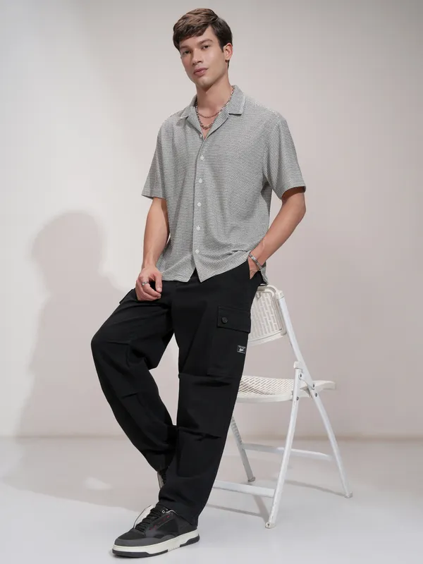 Highlander Men Black Self Design Relaxed Fit Casual Shirt