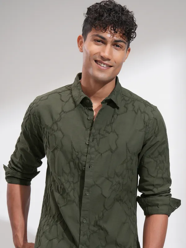 Highlander Men Olive Embroidered Slim Fit Casual Shirt