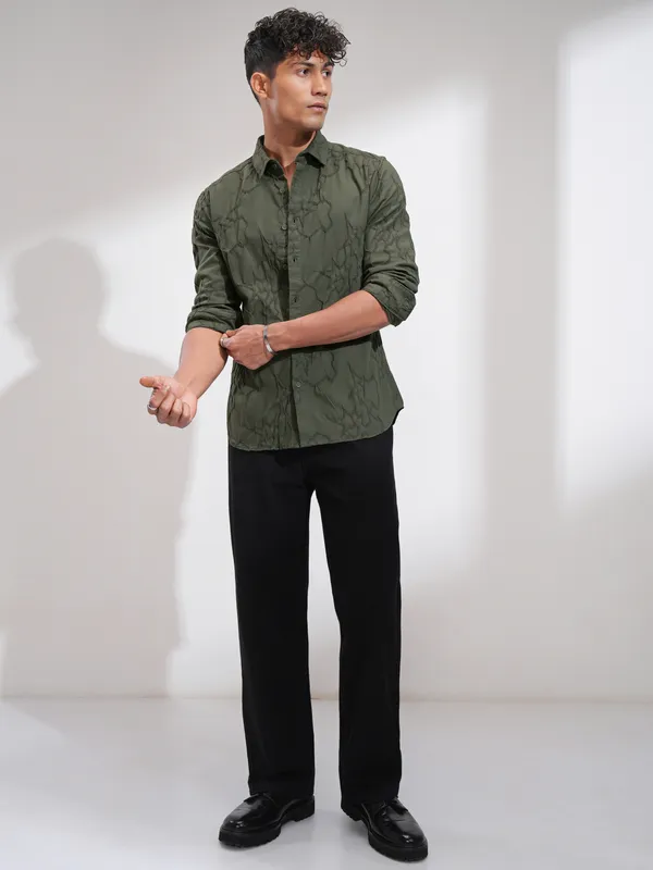 Highlander Men Olive Embroidered Slim Fit Casual Shirt