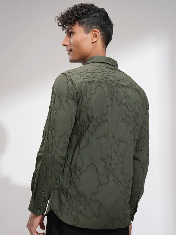 Highlander Men Olive Embroidered Slim Fit Casual Shirt