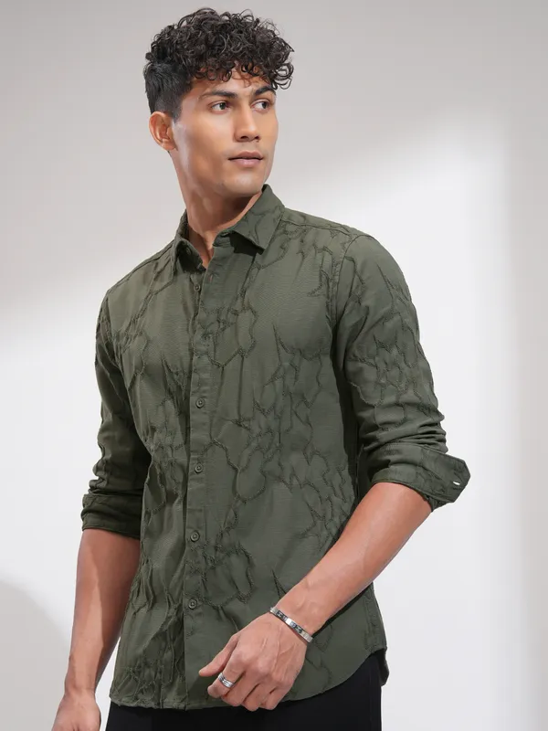 Highlander Men Olive Embroidered Slim Fit Casual Shirt