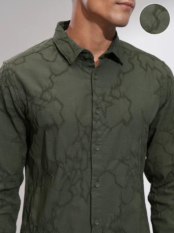 Highlander Men Olive Embroidered Slim Fit Casual Shirt