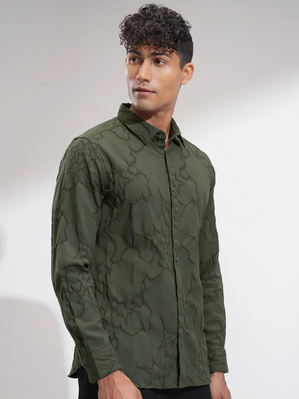 Highlander Men Olive Embroidered Slim Fit Casual Shirt