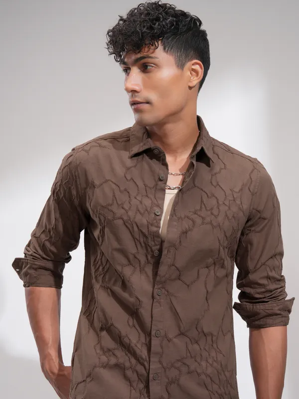 Highlander Men Brown Embroidered Slim Fit Casual Shirt