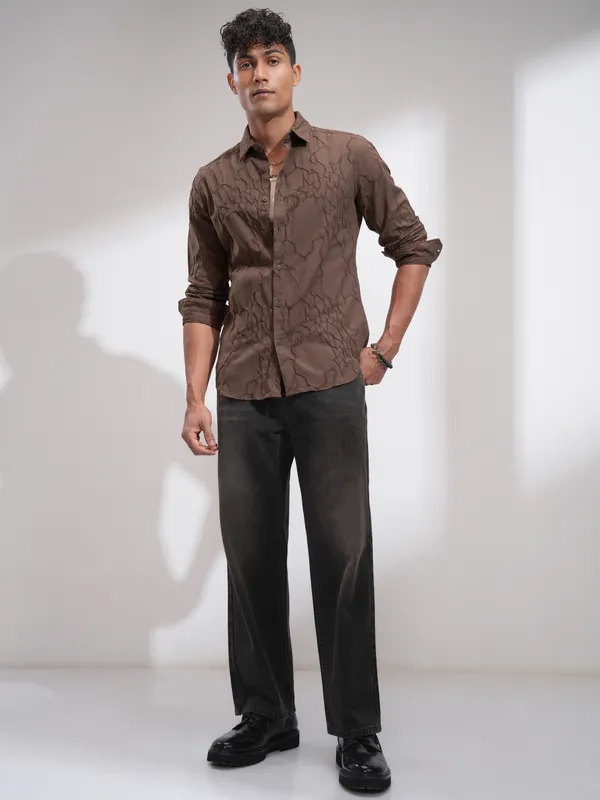 Highlander Men Brown Embroidered Slim Fit Casual Shirt