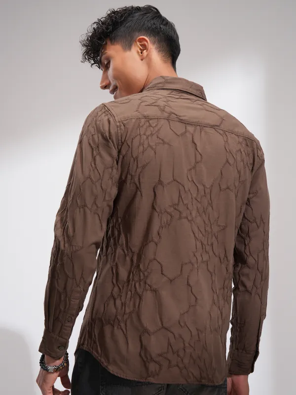 Highlander Men Brown Embroidered Slim Fit Casual Shirt