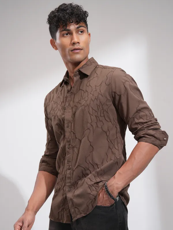 Highlander Men Brown Embroidered Slim Fit Casual Shirt