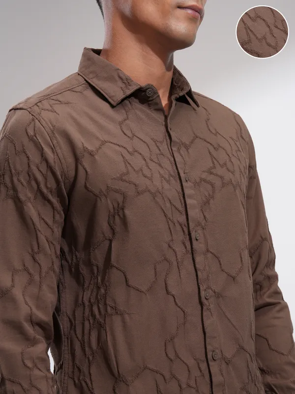 Highlander Men Brown Embroidered Slim Fit Casual Shirt