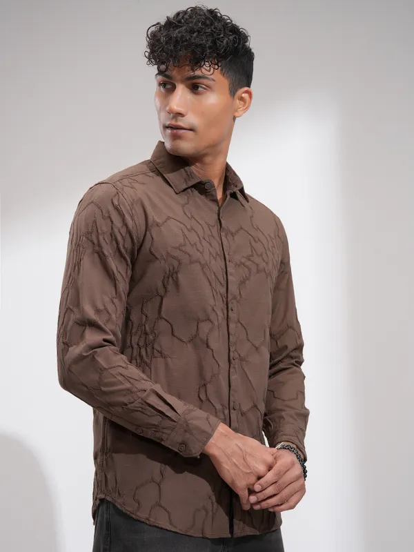 Highlander Men Brown Embroidered Slim Fit Casual Shirt